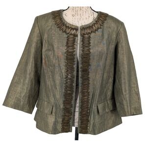 CHICOS 100% Linen Blazer SiZE 3 Olive Gold Sheen "Brass" Accents VTG?